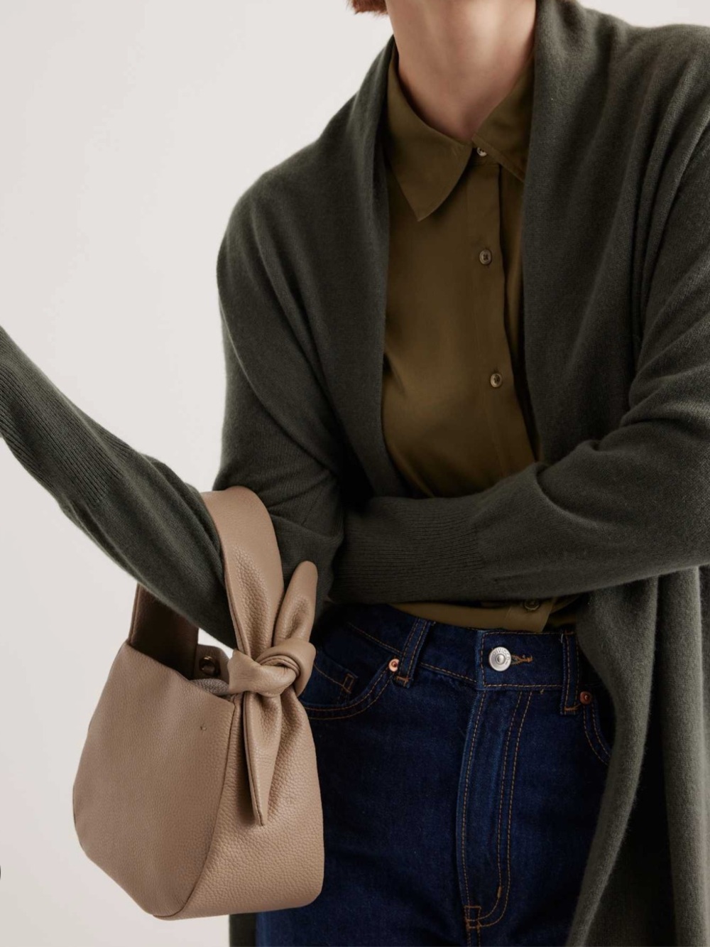 QUINCE Italian Leather Mini Bow Bag in Taupe - Picture 4 of 10